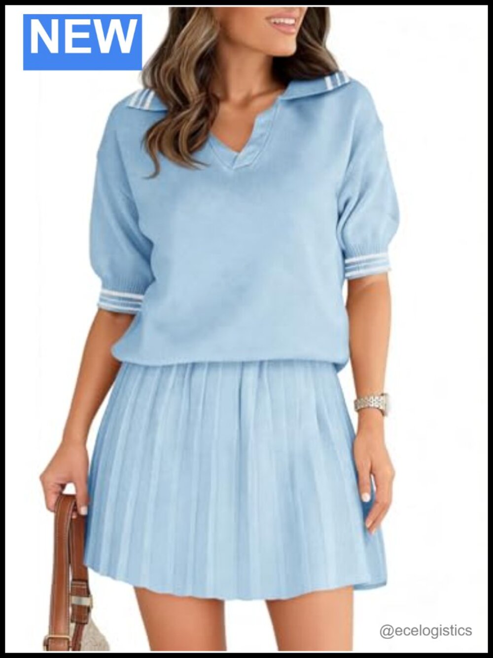 Women's Knit Two Piece Skirt Set - V Neck Top & Pleated Mini Skirt Casual